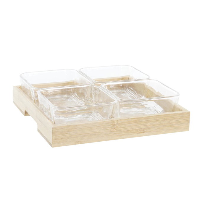 DKD Home Decor Set de Tabla para Aperitivo de Cristal y Bambú 5 Piezas