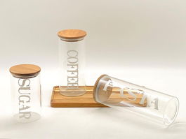 DKD Home Decor Bote con tapa de Acacia Transparente Natural Borosilicato 10.5 x 27.7 x 10.5 cm Set de 3