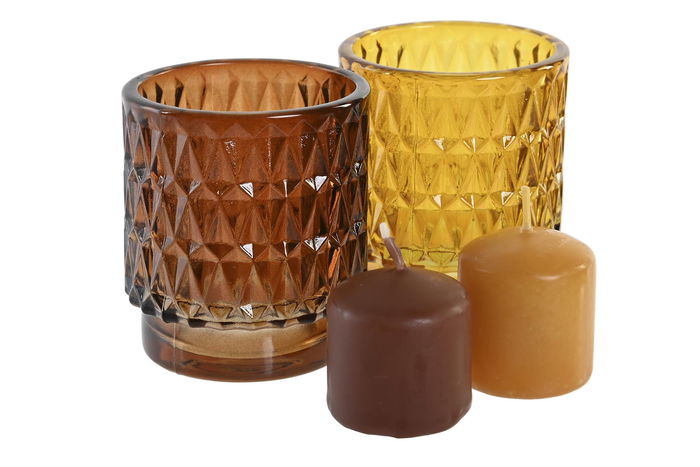 DKD Home Decor Vela 7x8x7 cm Set 4 Mostaza Marron Cera Parafina Cristal Duración 5h
