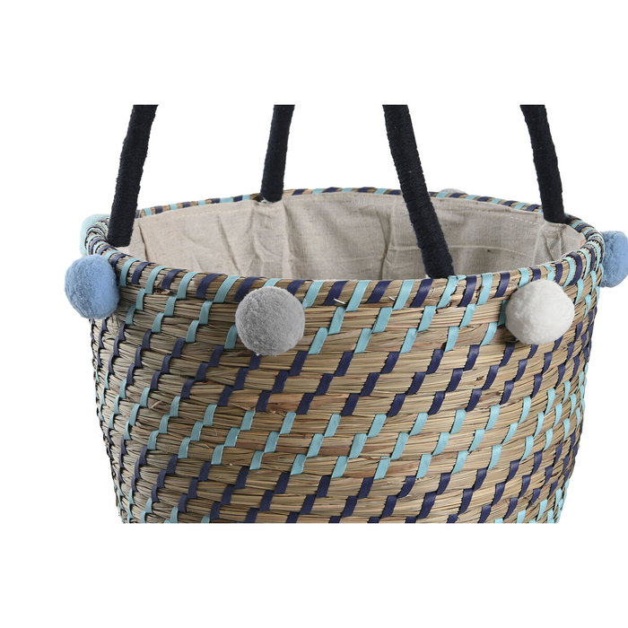 DKD Home Decor Set de 3 Cestas de Seagrass y Poliéster con Pompones Multicolor