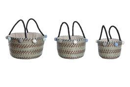 DKD Home Decor Set de 3 Cestas de Seagrass y Poliéster con Pompones Multicolor