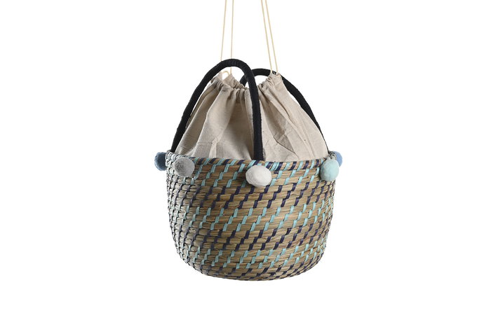 DKD Home Decor Cesta Mediterraneo Multicolor Set de 3 Piezas 43 x 43 x 43 cm Seagrass Poliester Pompones Hecho a mano