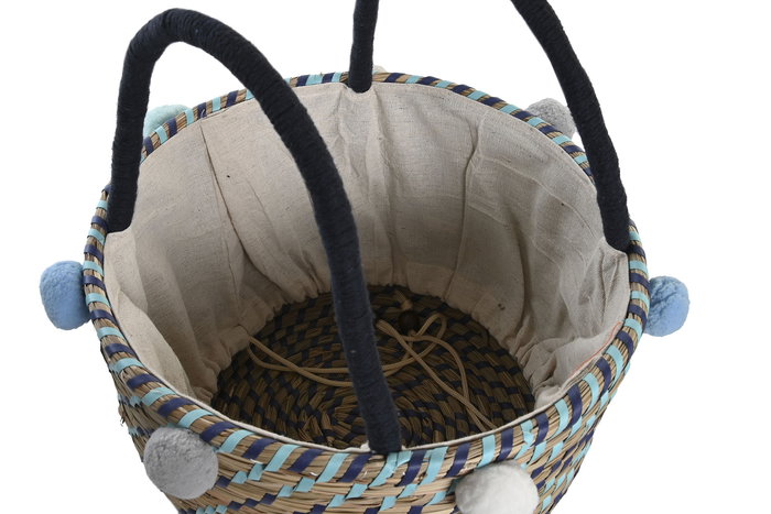 DKD Home Decor Cesta Mediterraneo Multicolor Set de 3 Piezas 43 x 43 x 43 cm Seagrass Poliester Pompones Hecho a mano