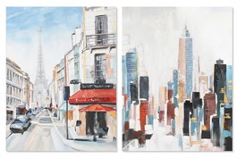 DKD Home Decor Cuadro Paris New York Multicolor Lienzo Pino 120 x 90 x 3.7 cm (2 Unidades)