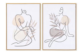 DKD Home Decor Cuadro Mujer Abstracto Estilo Scandi Blanco Beige Lienzo PS 70 x 50 x 3.5 cm (2 Unidades) Hecho a Mano