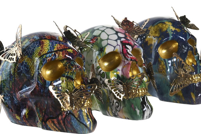 DKD Home Decor Set de 3 Figuras de Calavera en Resina y Metal Multicolor