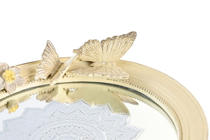 DKD Home Decor Centro Mesa Chic Beige Resina Espejo Mariposas 22.6 x 18 x 24 cm