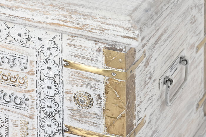 DKD Home Decor Baúl Indio Blanco Dorado 40 x 45 x 80 cm Mango y Metal Hecho a Mano