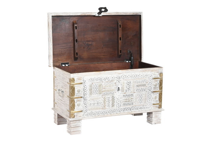 DKD Home Decor Baúl Indio Blanco Dorado 40 x 45 x 80 cm Mango y Metal Hecho a Mano