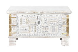 DKD Home Decor Baúl Indio Blanco Dorado 40 x 45 x 80 cm Mango y Metal Hecho a Mano