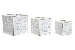 DKD Home Decor Macetero Tropical Blanco Dorado Metal Set 3 Piezas 15x15x15 cm