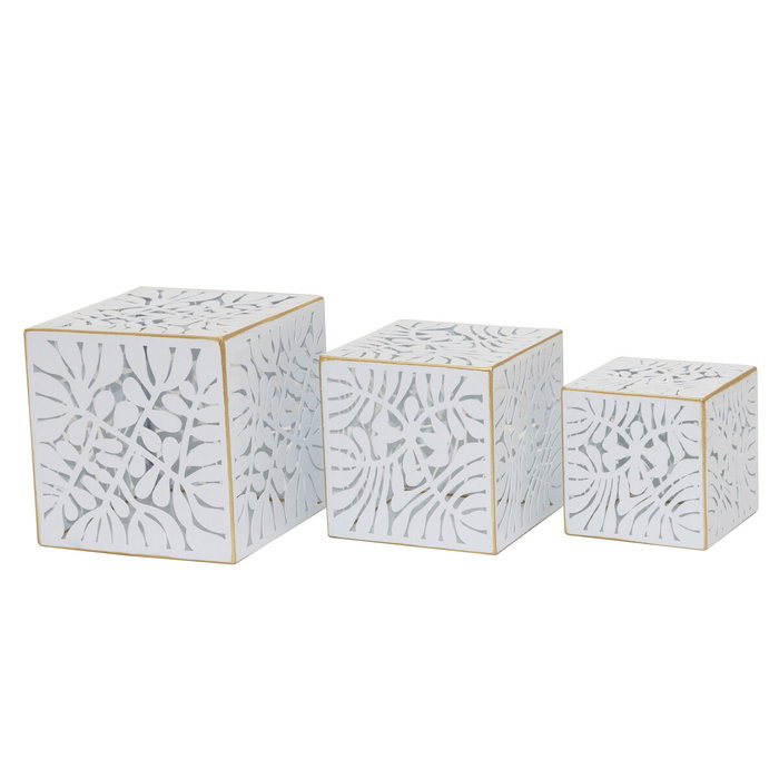 DKD Home Decor Set de 3 Maceteros de Metal con Diseño de Hojas, Blanco