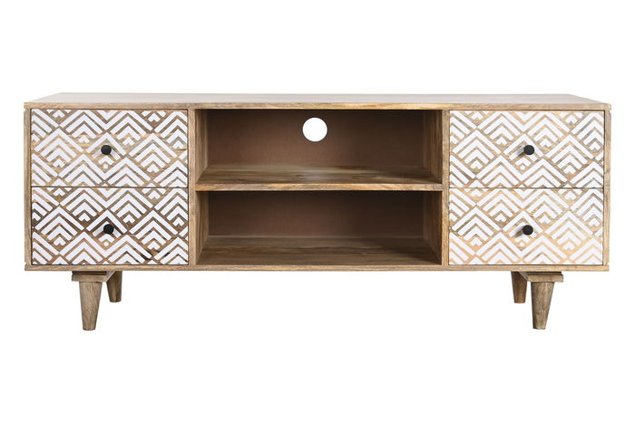 DKD Home Decor Mueble TV Boho Natural Blanco 135 x 40 x 55 cm
