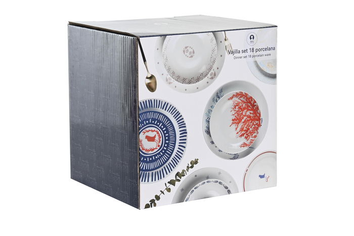 DKD Home Decor Vajilla Shabby Colección Bandana Pastel Porcelana Rosa Azul Blanco 27 x 3 x 27 cm Set de 18 Piezas