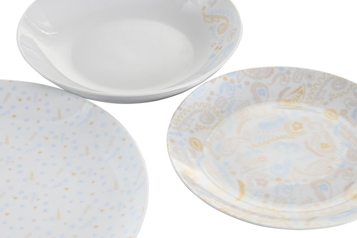 DKD Home Decor Vajilla Shabby Colección Bandana Pastel Porcelana Rosa Azul Blanco 27 x 3 x 27 cm Set de 18 Piezas