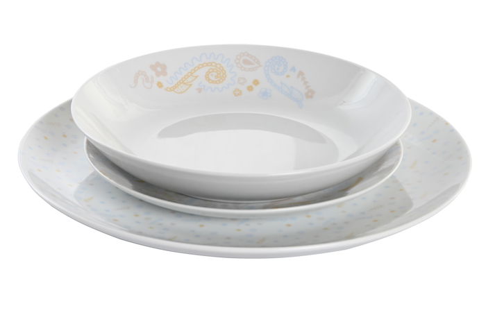 DKD Home Decor Vajilla Shabby Colección Bandana Pastel Porcelana Rosa Azul Blanco 27 x 3 x 27 cm Set de 18 Piezas