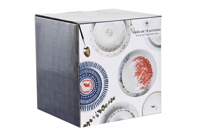 DKD Home Decor Vajilla Pixel love Scandi Rosa Blanco Porcelana Set de 18 Piezas 27 x 3 x 27 cm