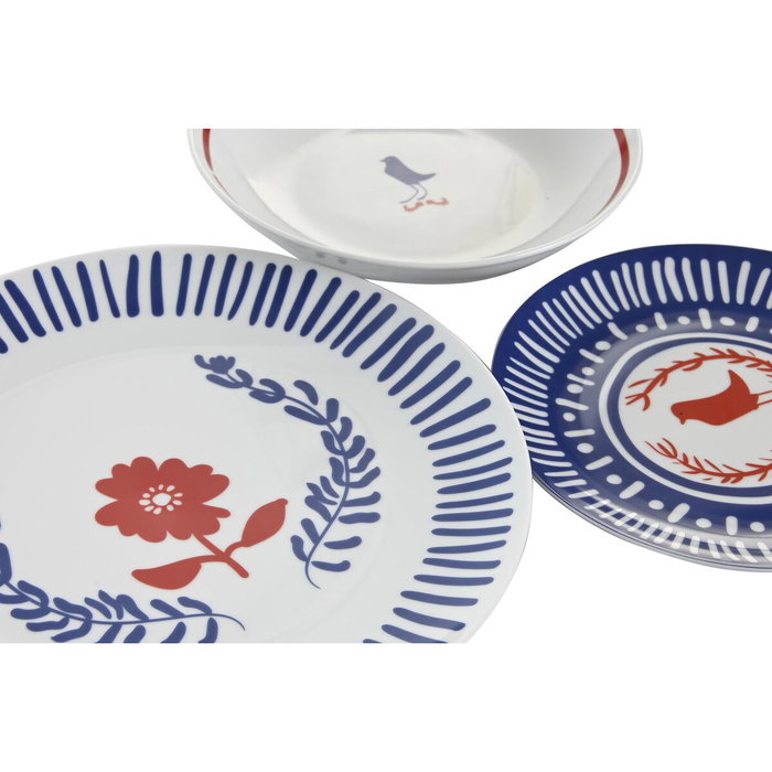 DKD Home Decor Set de Vajilla Blue Red Bird de 18 Piezas en Porcelana Azul, Rojo y Blanco