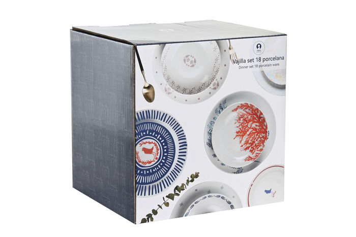 DKD Home Decor Vajilla Mediterraneo Azul Rojo Porcelana Set de 18 Piezas 27 x 27 x 3 cm