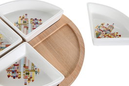 DKD Home Decor Blue red bird Aperitivo Mediterraneo Gres y Bambú Multicolor y Natural Set de 5 Piezas 21.5 x 21.5 x 1 cm