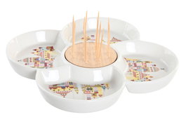 DKD Home Decor Aperitivo Mediterraneo Blue red bird Gres Bambú Multicolor Natural 22 x 7 x 22 cm