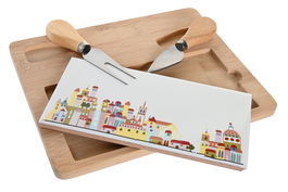 DKD Home Decor Blue red bird Tabla Aperitivo Mediterraneo Bambu Gres Multicolor Blanco Set 4 Piezas 20 x 1.2 x 24.5 cm