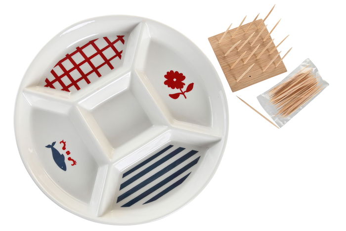 DKD Home Decor Casitas Aperitivo Mediterraneo Gres y Bambu Azul Rojo Blanco 23.5 x 7 x 23.5 cm