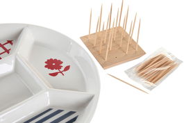 DKD Home Decor Casitas Aperitivo Mediterraneo Gres y Bambu Azul Rojo Blanco 23.5 x 7 x 23.5 cm