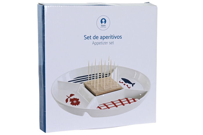 DKD Home Decor Casitas Aperitivo Mediterraneo Gres y Bambu Azul Rojo Blanco 23.5 x 7 x 23.5 cm