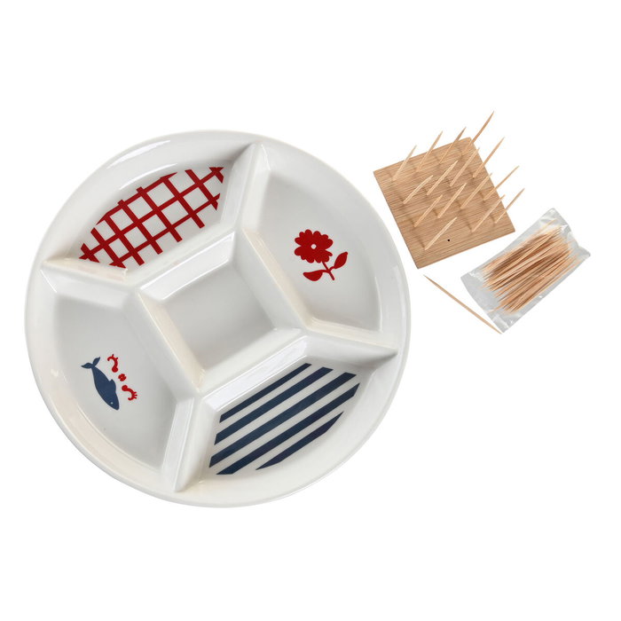 DKD Home Decor Bandeja de Aperitivo Casitas Azul de Gres y Bambú DKD Home Decor Bandeja de Aperitivo Casitas Azul de Gres y Bambú