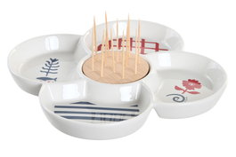 DKD Home Decor Casitas Aperitivo Mediterraneo Cottage Gres y Bambú Azul Rojo Blanco 22x22x7 cm