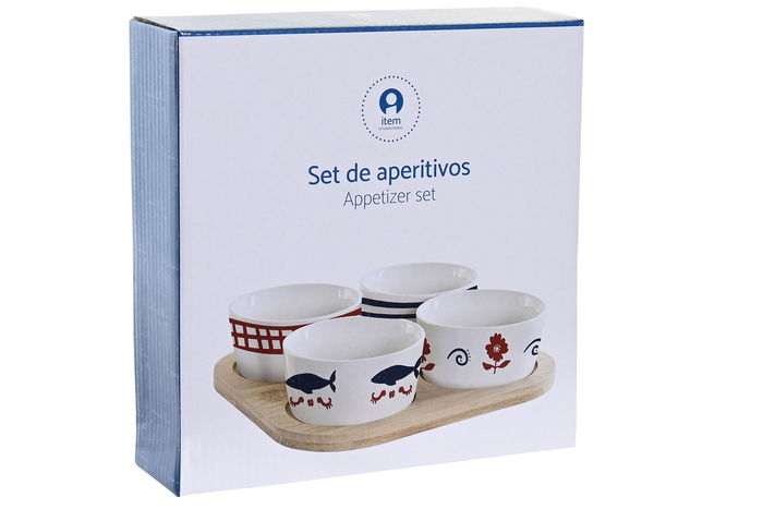 DKD Home Decor Aperitivo Mediterraneo Cottage Casitas Set de 5 Piezas Gres y Bambú Azul Rojo Blanco Natural 19.7 x 19.7 x 1 cm