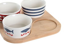 DKD Home Decor Aperitivo Mediterraneo Cottage Casitas Set de 5 Piezas Gres y Bambú Azul Rojo Blanco Natural 19.7 x 19.7 x 1 cm