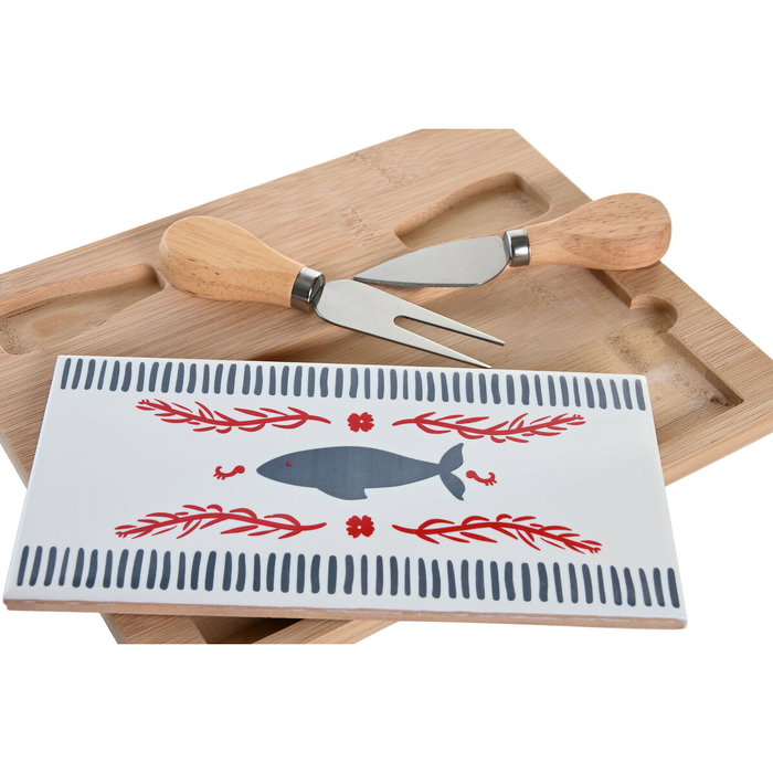 DKD Home Decor Set de 4 Tablas para Aperitivo Casitas en Bambú y Gres, Azul y Rojo