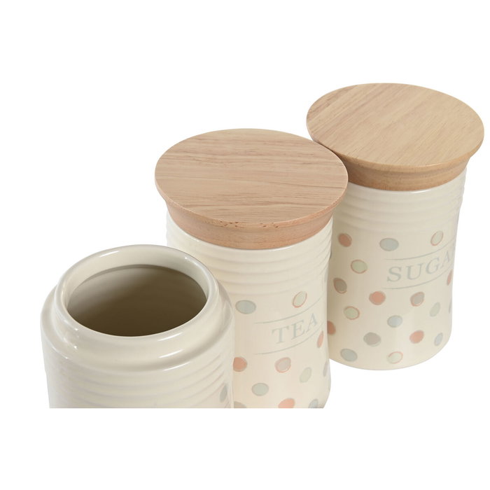 DKD Home Decor Bote de Gres y Bambú Beige con Topitos (Pack de 3)