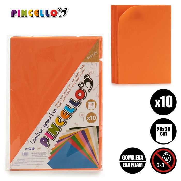 Pincello Juego 10 Laminas Goma Eva Naranja 20 x 30 cm (Set de 24)