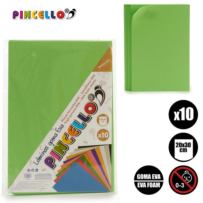 Pincello Juego 10 Laminas Goma Eva Verde 20 cm x 30 cm (Set de 24)