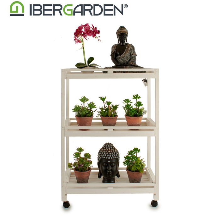 Ibergarden Carro de Madera Blanco 3 Estantes 4 Ruedas 36 x 104 x 72.5 cm