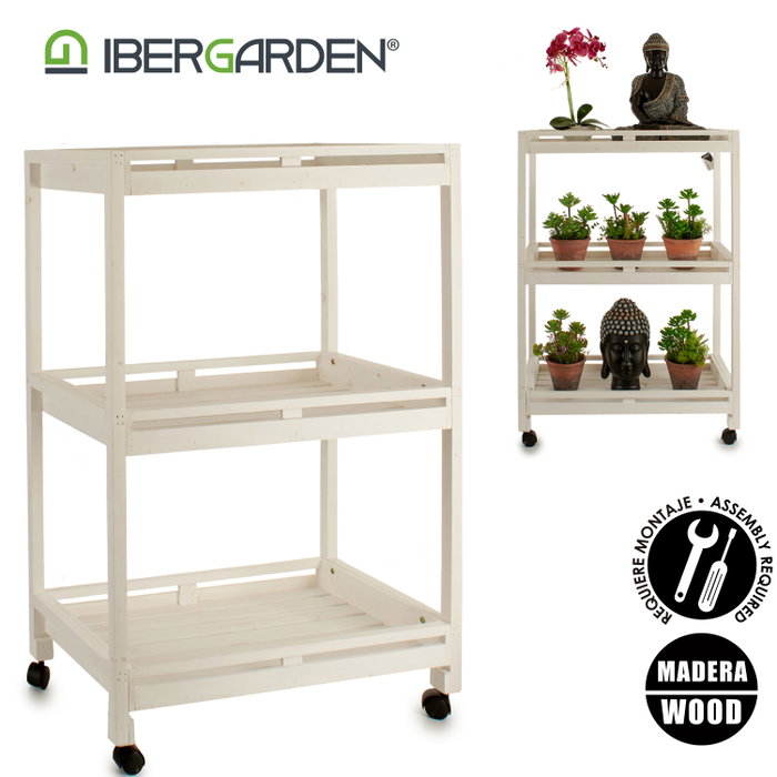 Ibergarden Carro de Madera Blanco 3 Estantes 4 Ruedas 36 x 104 x 72.5 cm
