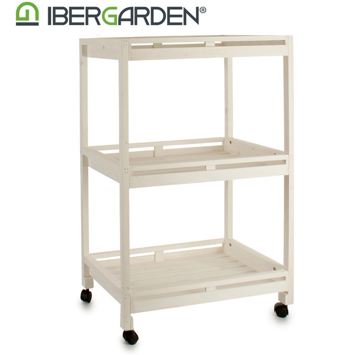 Ibergarden Carro de Madera Blanco 3 Estantes 4 Ruedas 36 x 104 x 72.5 cm