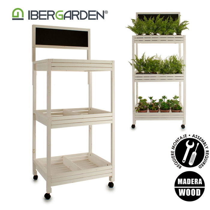 Ibergarden Carro Madera 3 Estantes Pizarra Blanco 41x159x69 cm