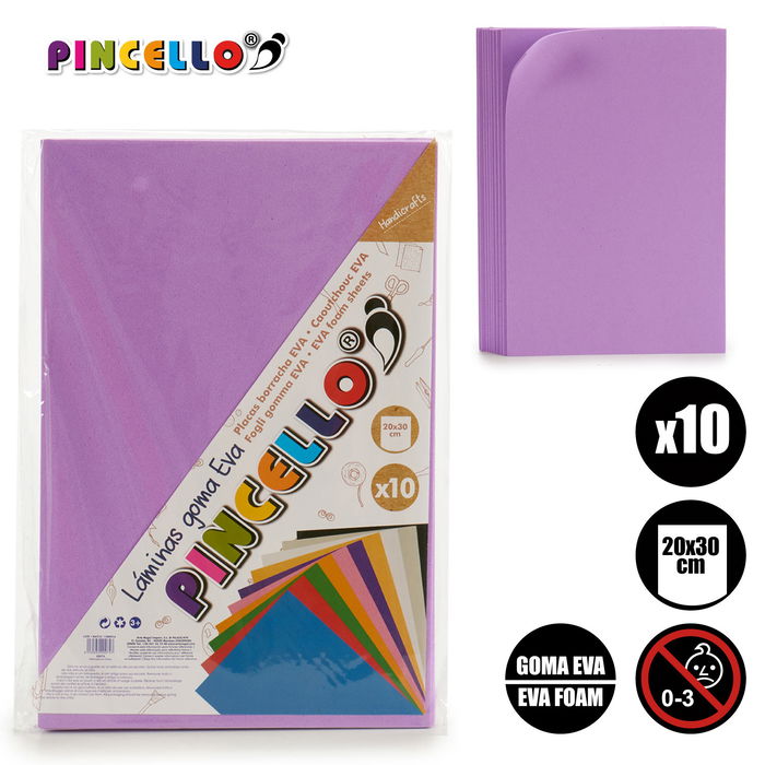 Pincello Juego 10 Laminas Goma Eva Violeta 20 cm x 30 cm (Set de 24)