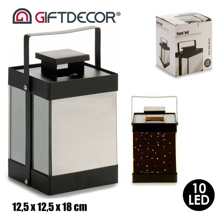 Giftdecor Farol Metal Negro 10 Leds Espejo Pequeño 12.5x18.5x12.5 cm (Set de 6)