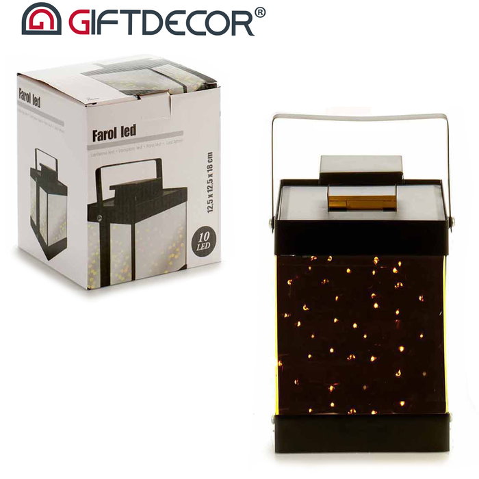 Giftdecor Farol Metal Negro 10 Leds Espejo Pequeño 12.5x18.5x12.5 cm (Set de 6)