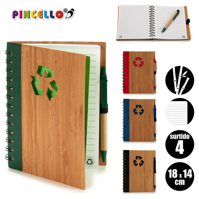 Pincello Libreta Bambú Reciclado y Bolígrafo 18x14 cm Surtidos (Set de 24)