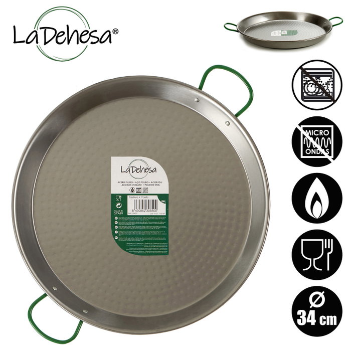 La Dehesa Paellera Pulida 34 cm Acero Pulido Capacidad 6 Raciones Apto para Gas y Leña (Set de 6)