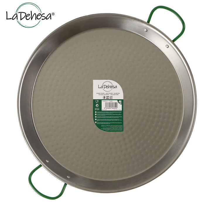 La Dehesa Paellera Pulida Acero Inoxidable 46 cm para 12 Raciones Ideal para Gas y Leña con Dos Asas (Set de 4)