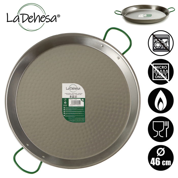 La Dehesa Paellera Pulida Acero Inoxidable 46 cm para 12 Raciones Ideal para Gas y Leña con Dos Asas (Set de 4)