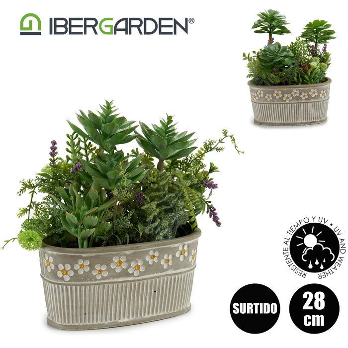 Ibergarden Maceta Piedra Ovalada para Plantas, Surtido 2 Colores Verde y Gris, Material Plástico y Cemento, Dimensiones 25x29x15 cm (Set de 6)