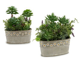 Ibergarden Maceta Piedra Ovalada para Plantas, Surtido 2 Colores Verde y Gris, Material Plástico y Cemento, Dimensiones 25x29x15 cm (Set de 6)